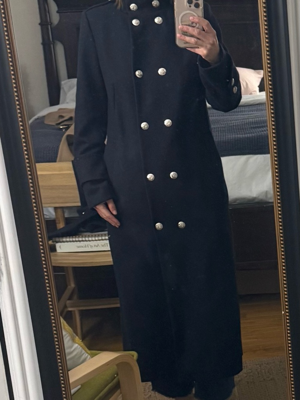 Double-Breasted Long Black Military Coat